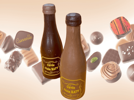 Bouteille en chocolat garnie de chocolats - ref-1729N - Botte chocolat noir garnie de chocolats